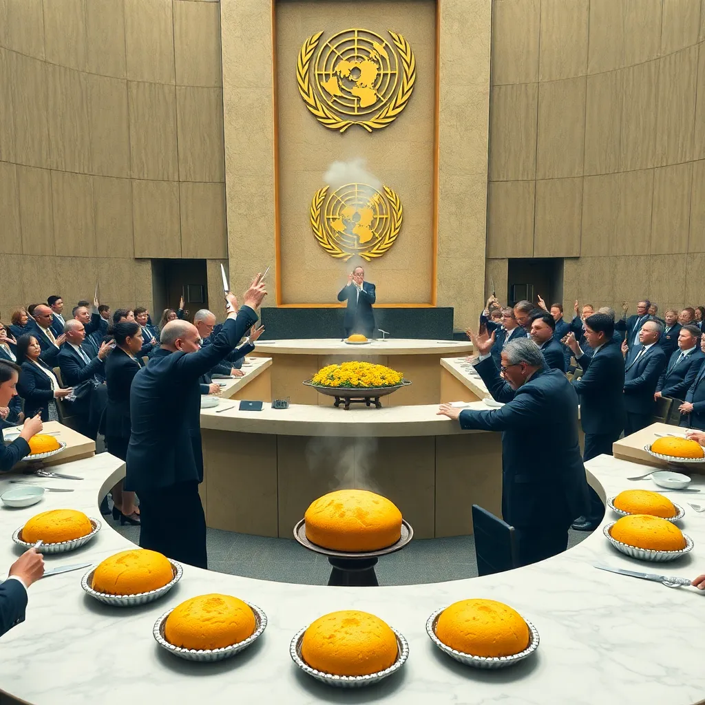 UN assembly hall where diplomats in formal wear are passionately arguing over steaming cornbread loaves on marble tables, golden corn muffin centerpiece, butter knives raised like swords