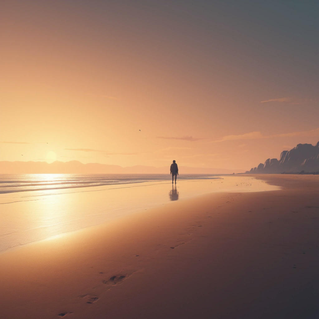 a person walking alone on a deserted beach at sunset, with a sense of contemplation and introspection, warm golden lighting, cinematic atmosphere, 4k, highly detailed, concept art by Simon Stalenhag and Ash Thorp