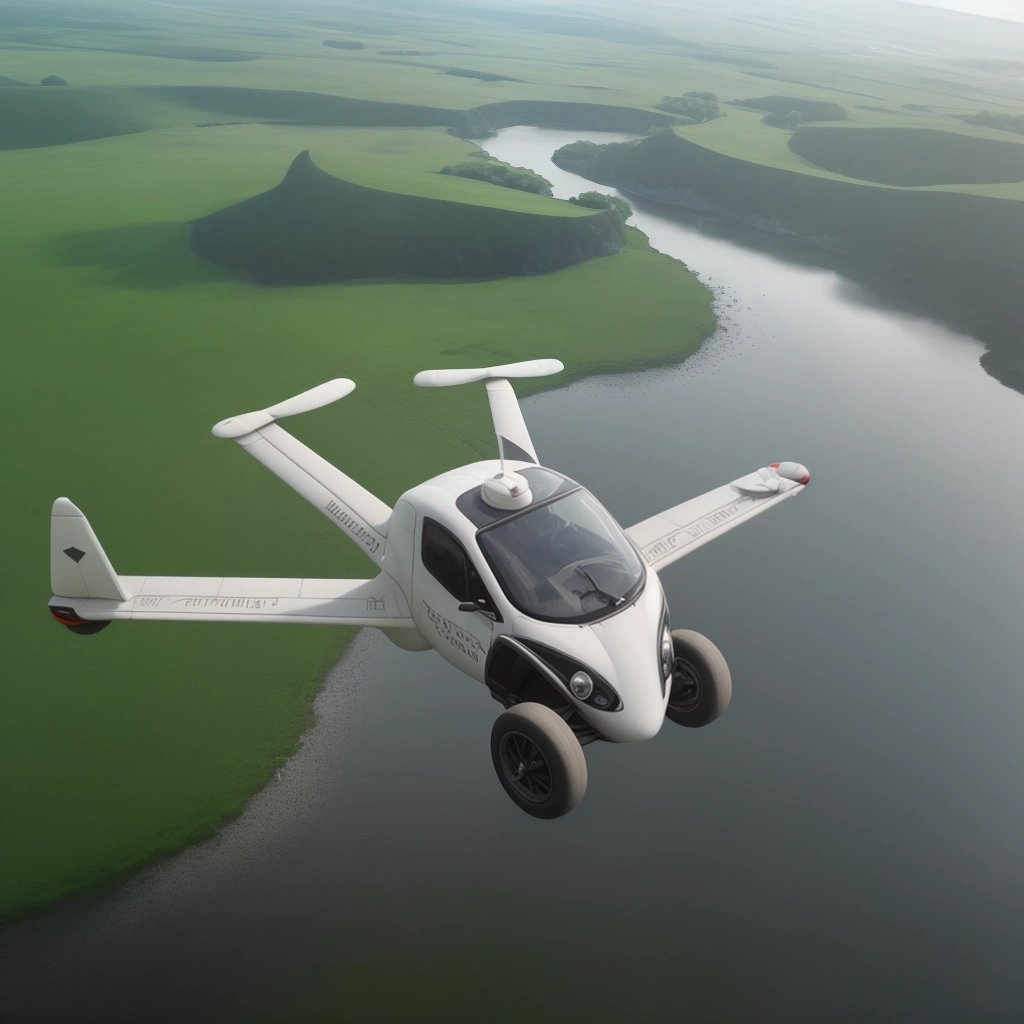 Flying car in a serene landscape