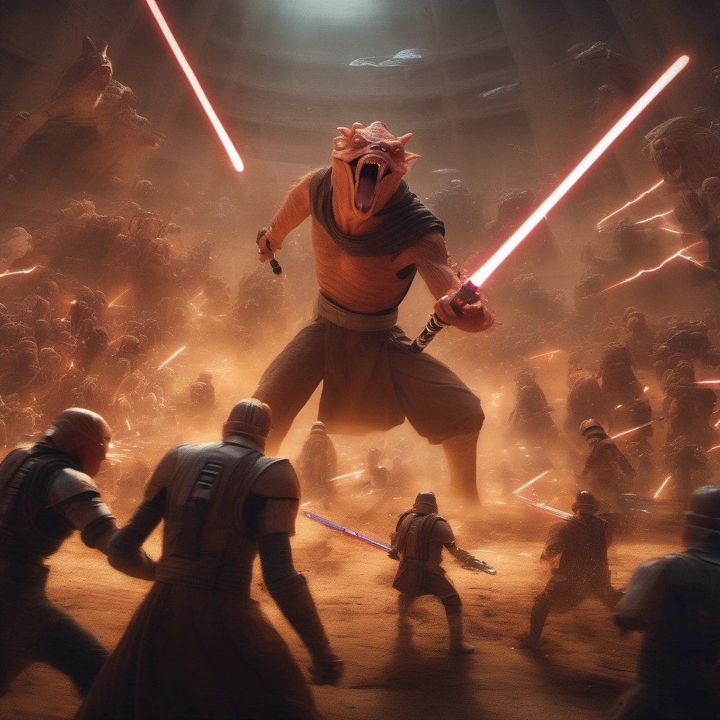 Battle between the heroes and Darth Jar Jar