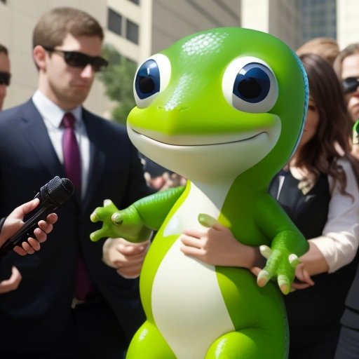 GEICO gecko in handcuffs outside the courthouse