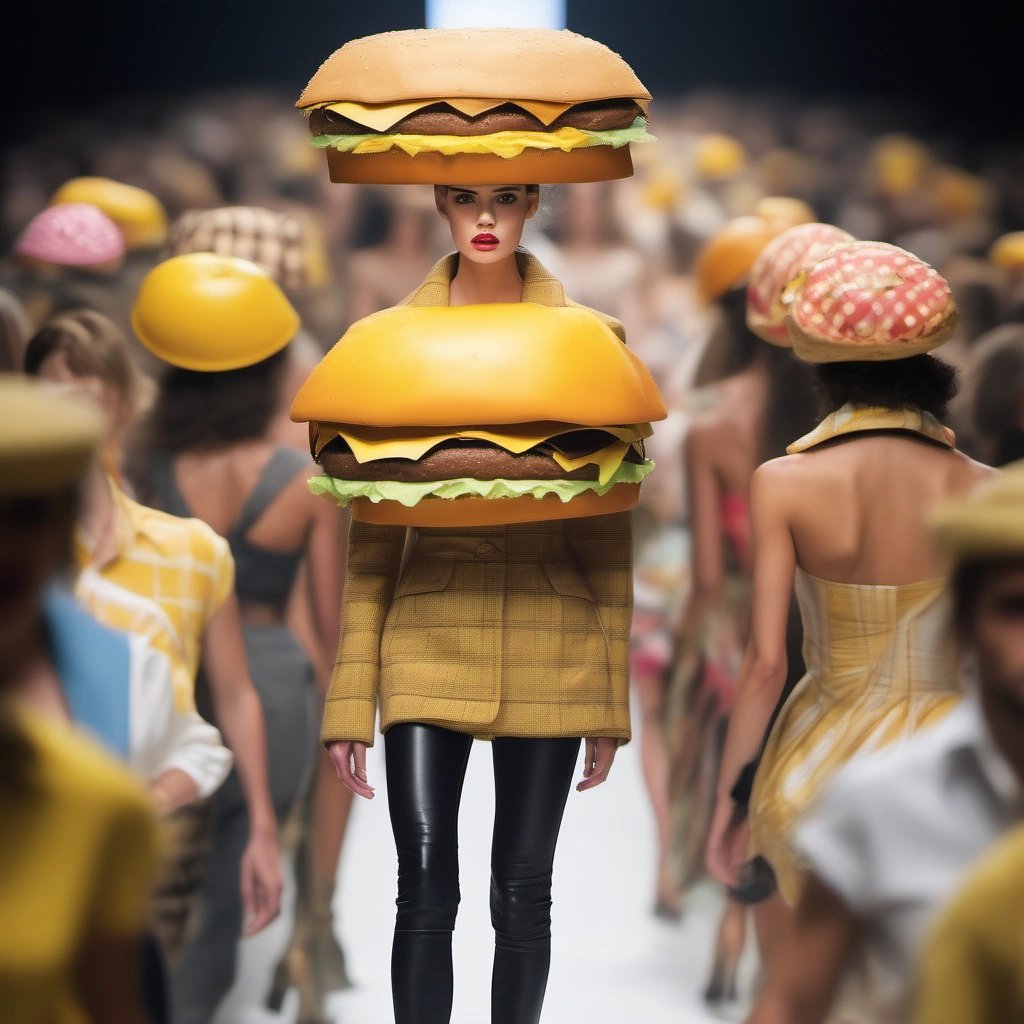 Model wearing a cheeseburger hat on the catwalk