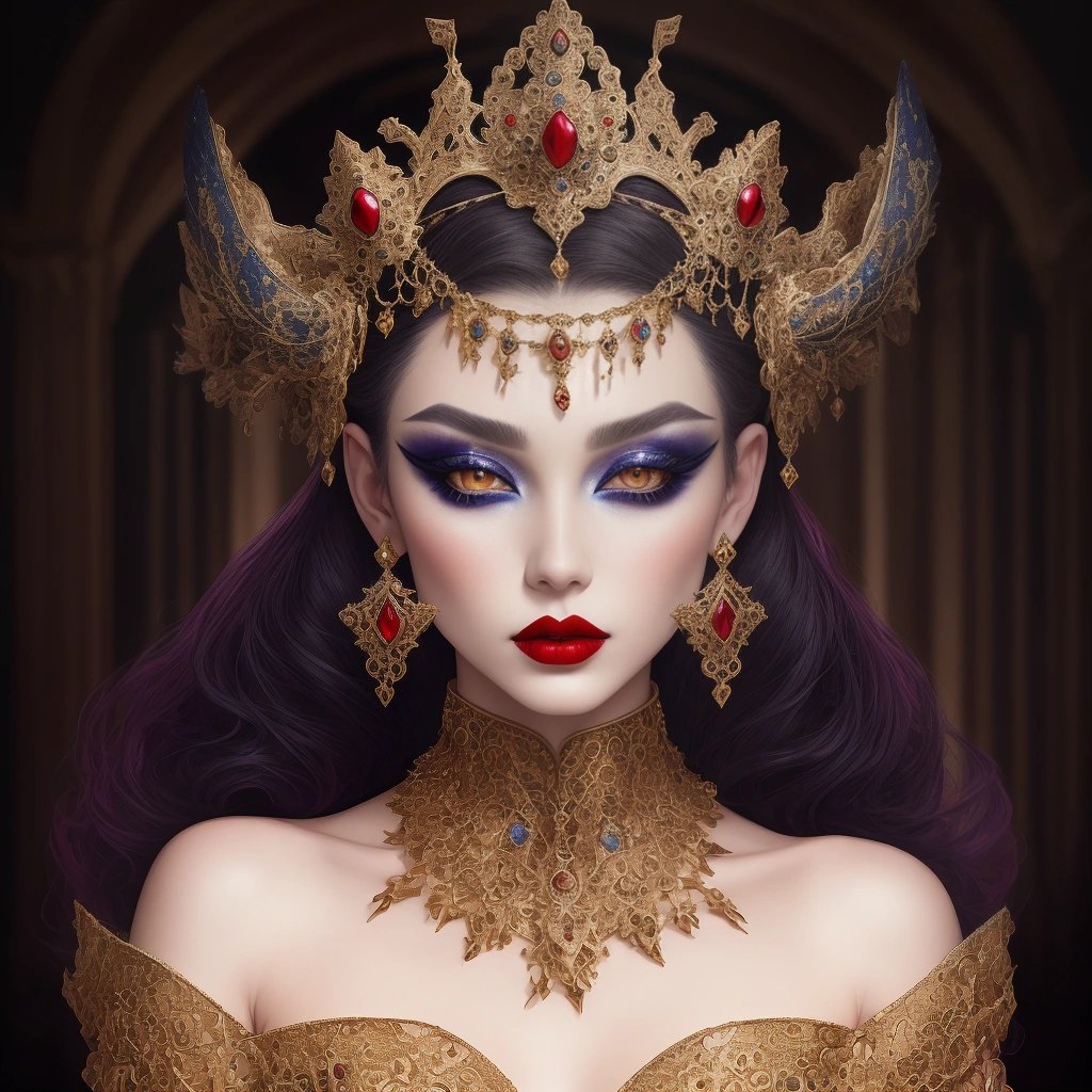 Fashion model in ornate headpiece and dramatic makeup