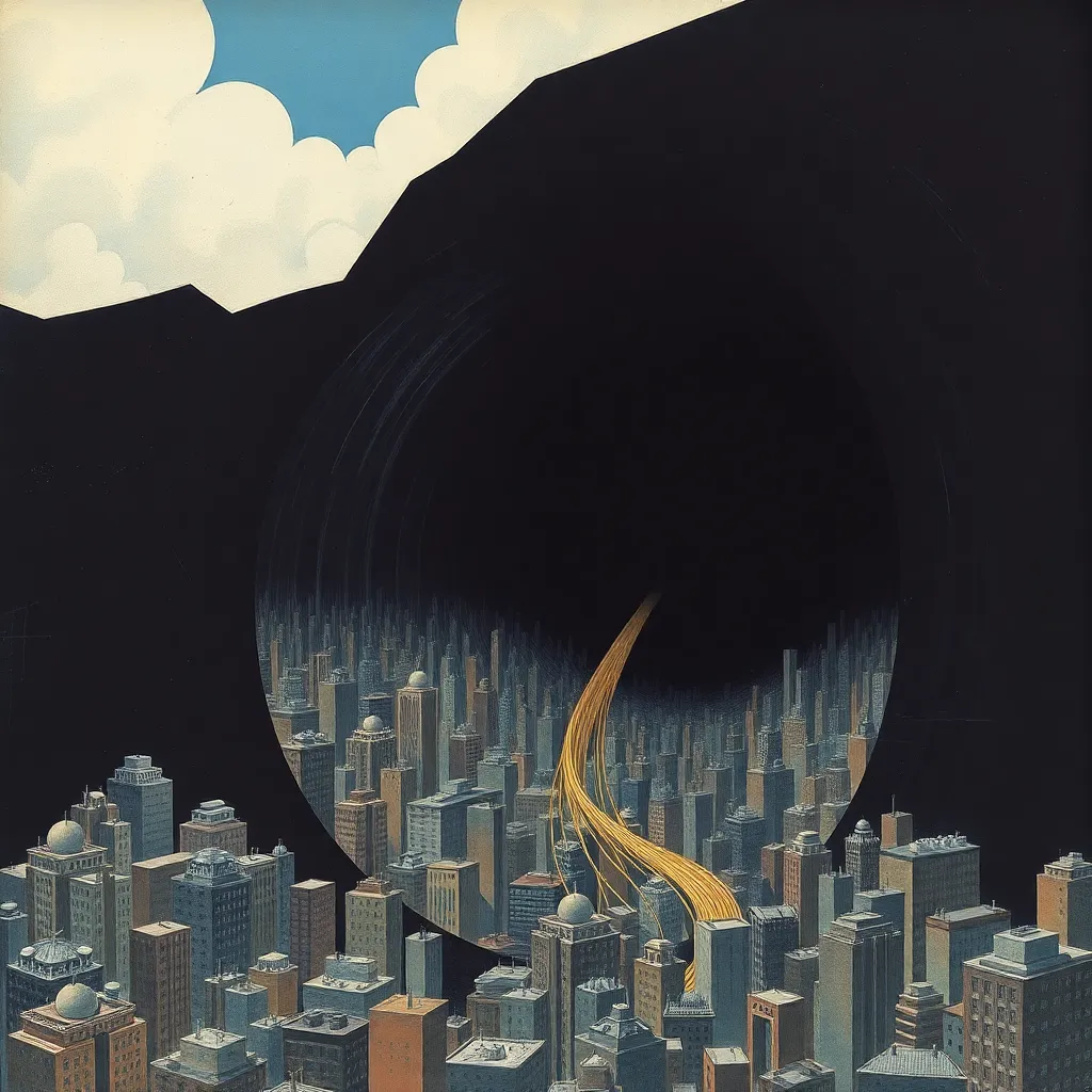 An abstract, surrealist depiction of a 1940s Japanese city being sucked into a swirling black hole shaped like a giant tuxedo, with buildings stretching like spaghetti into the void.