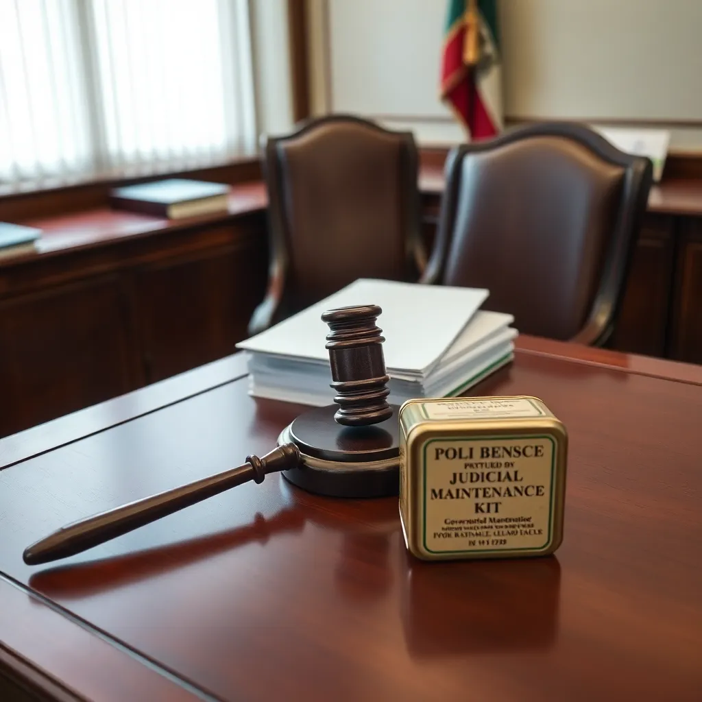 A high-angle documentary photograph of a mahogany judicial bench, featuring a gavel, a stack of legal briefs, and a small, government-issued ration tin labeled 'Judicial Maintenance Kit', soft office lighting, professional legal setting.