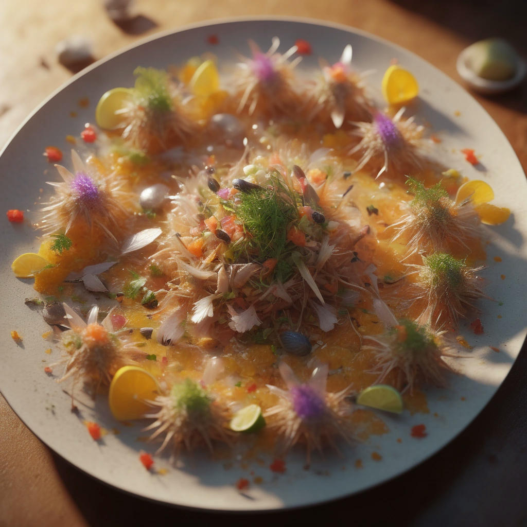 A close-up of a plate of Crunchy Critter Ceviche, with wriggling, squirming insects suspended in a tangy, citrusy broth, high detail, vibrant, playful, whimsical, 3d rendering, cinematic lighting