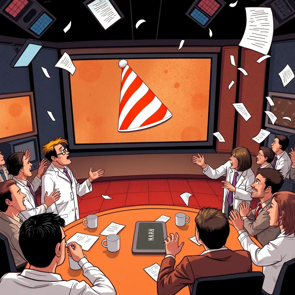 dramatic newsroom scene with frantic scientists, giant screen showing a close-up of a striped party hat on Mars, reporters shouting questions, coffee cups, papers flying, humorous but realistic editorial illustration style