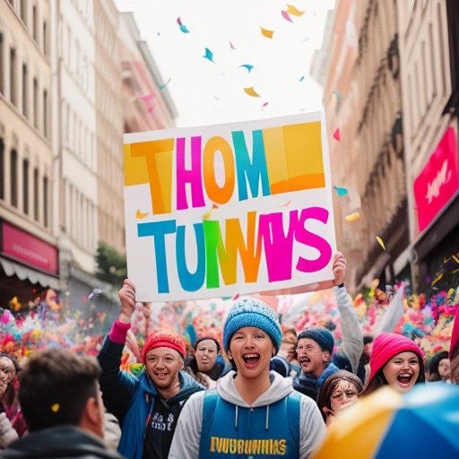 Person holding thumbs down sign amidst confetti