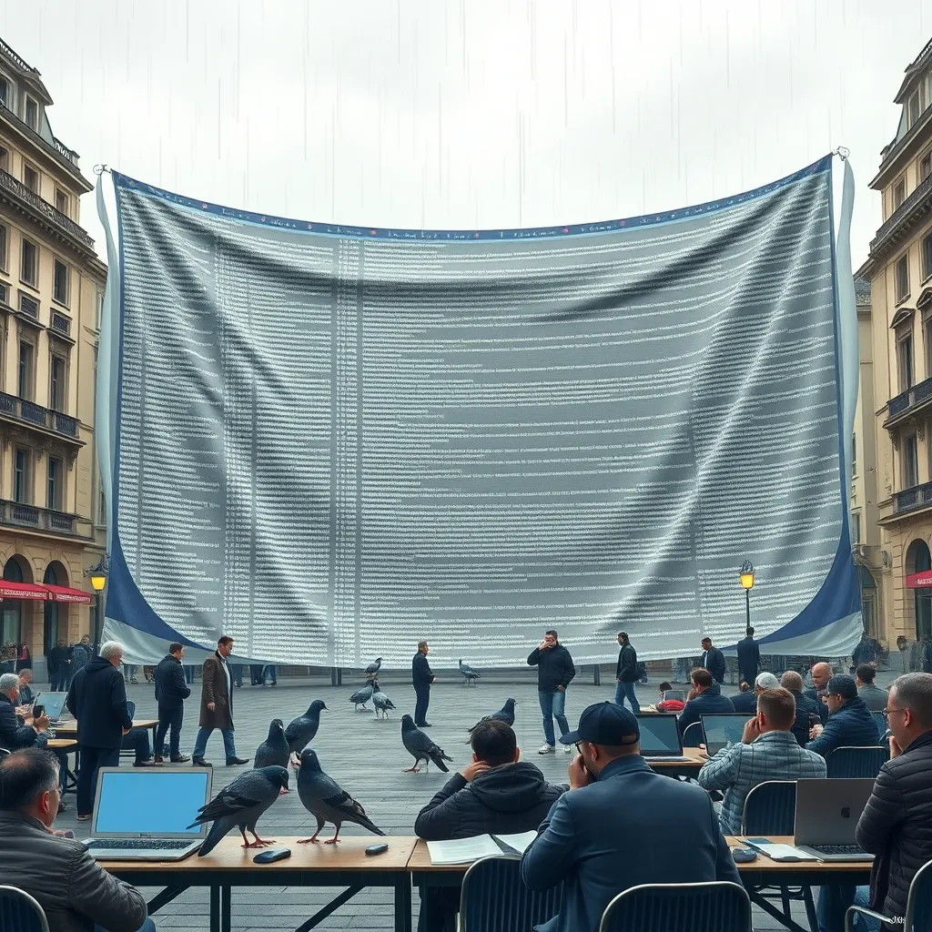 enormous printed Java stack trace draped over a city square like a ceremonial banner, baffled citizens reading lines of code, pigeons perched on laptops, rainy Eastern European atmosphere, highly detailed editorial illustration