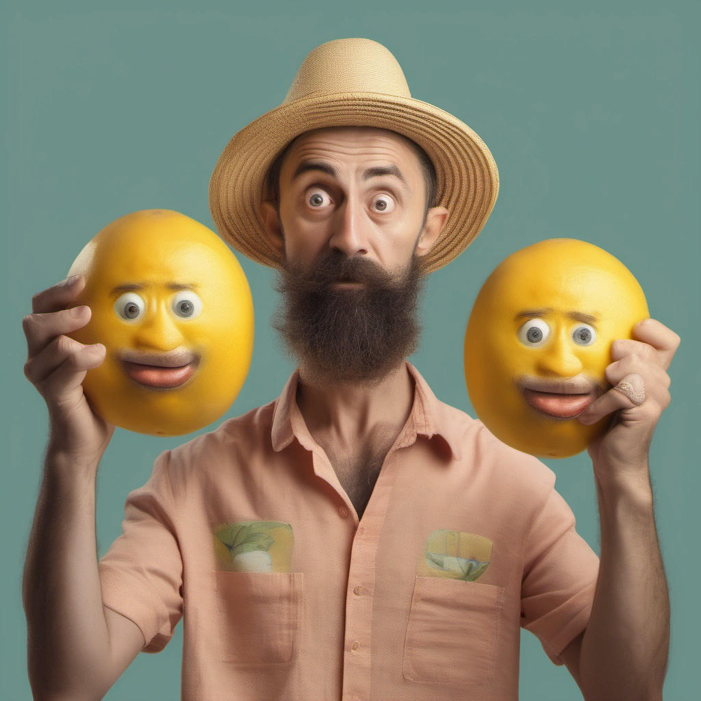 A person holding two grapefruits and a banana with a confused expression on their face.