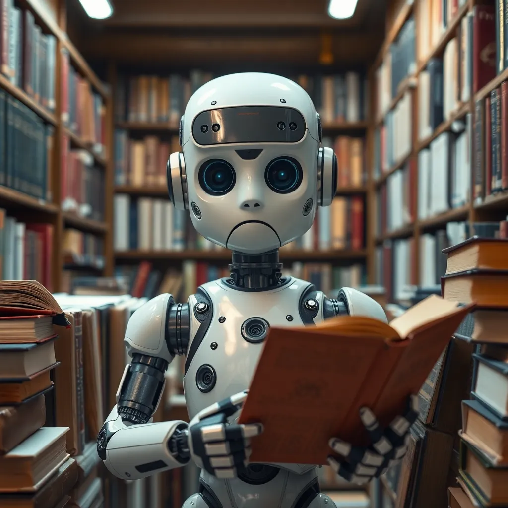 a confused AI robot surrounded by books, trying to understand human literature, in a library setting