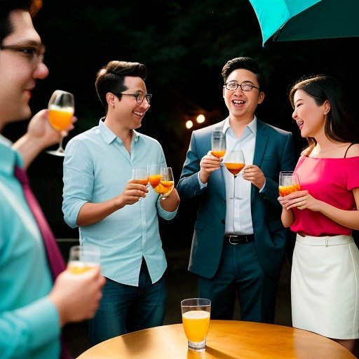 Neighbors toasting to the absurdity of the drink printer with a news reporter capturing the scene