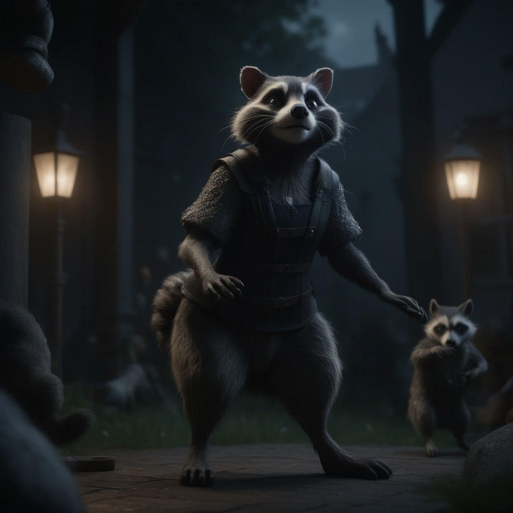 Ursula standing on her hind legs, roaring at the raccoons, Luna perched on her shoulder, looking down at the raccoons, dark and moody lighting, highly detailed, cinematic lighting, 4k, hyper realistic, beautiful, intricate details, photo-realism, octane render