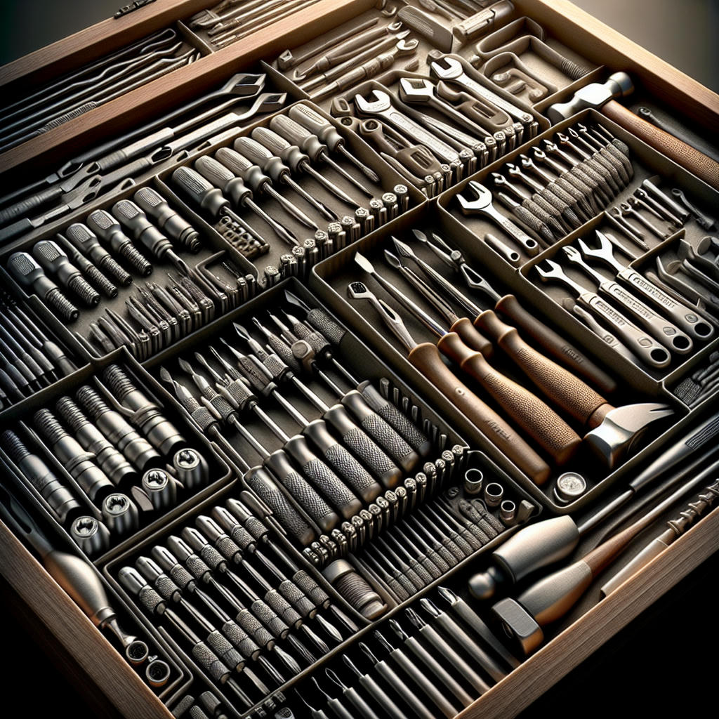 a detailed toolbox with various specialized tools, high detail, realistic, warm lighting