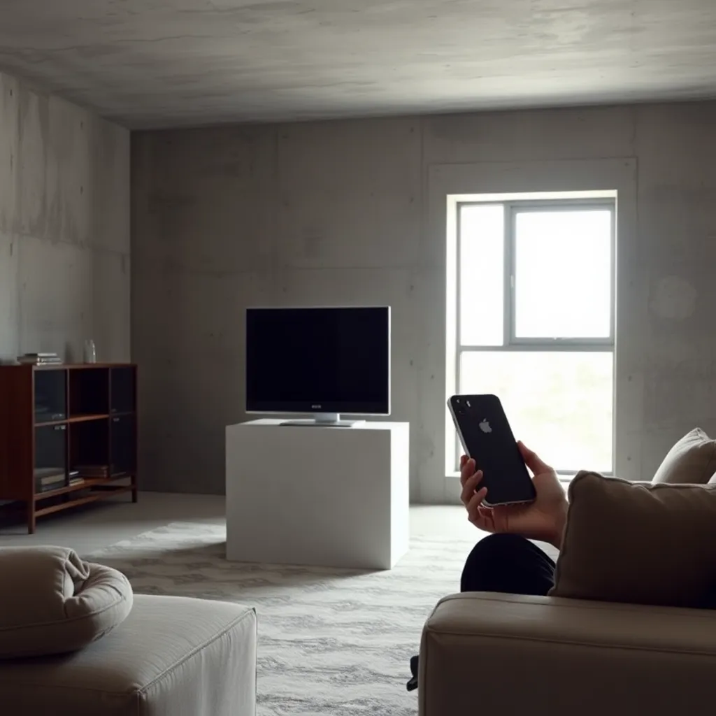 A brutalist concrete living room with a square CRT monitor on a cubic desk, a person holding a square foldable smartphone, square window in the background, minimalist aesthetic