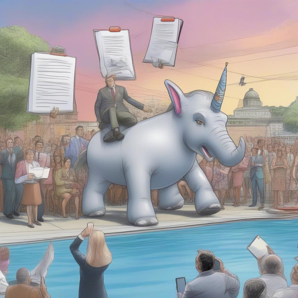 government officials in inflatable unicorn pool floats holding clipboards, taking notes as the PM surfs by, a confused elephant watching from a rooftop in the background