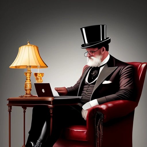 Rich man with a laptop and wine surrounded by money