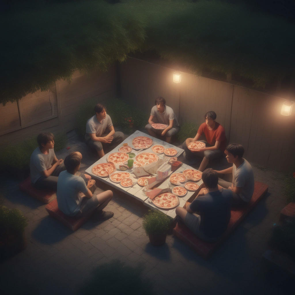 a group of friends sitting in a backyard, surrounded by pizza boxes and empty plates, looking guilty and ashamed, warm and cozy atmosphere, cinematic lighting, 4k, hyper-realistic, detailed, trending on artstation