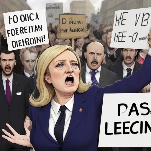 Le Pen as Minister of Diversity surrounded by protesters