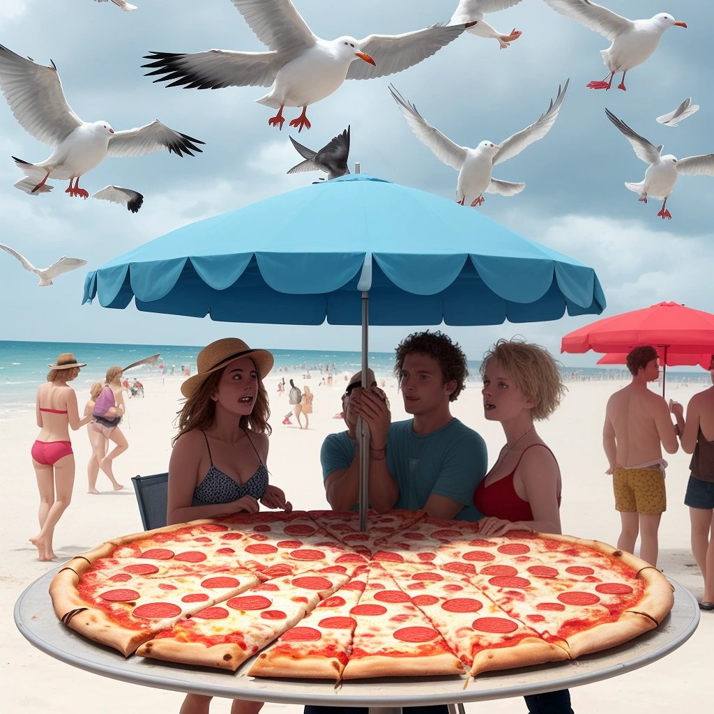Beachgoers protecting their pizza from seagulls
