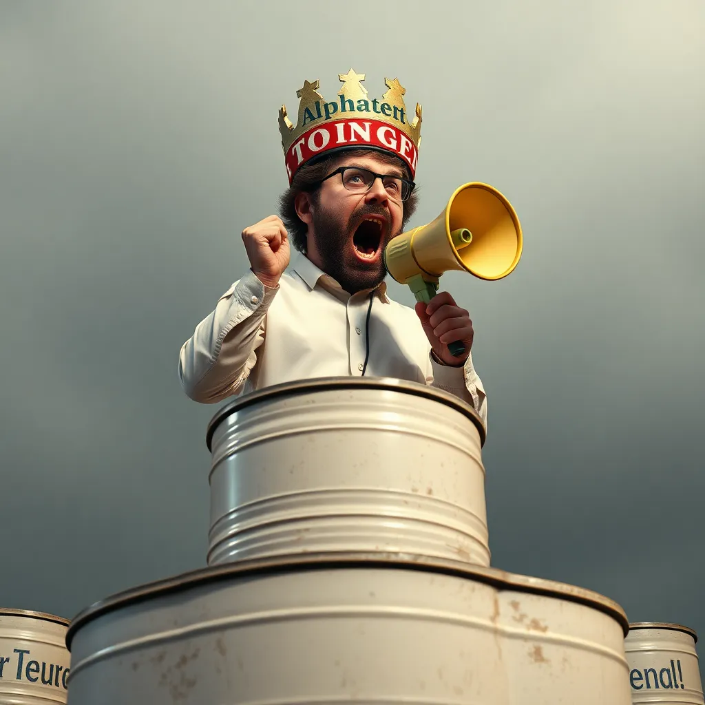 The Tourettes Guy standing on a podium made of dented trash cans, wearing a crown made of alphabet soup cans, screaming into a megaphone, dramatic low angle shot, hyper-realistic