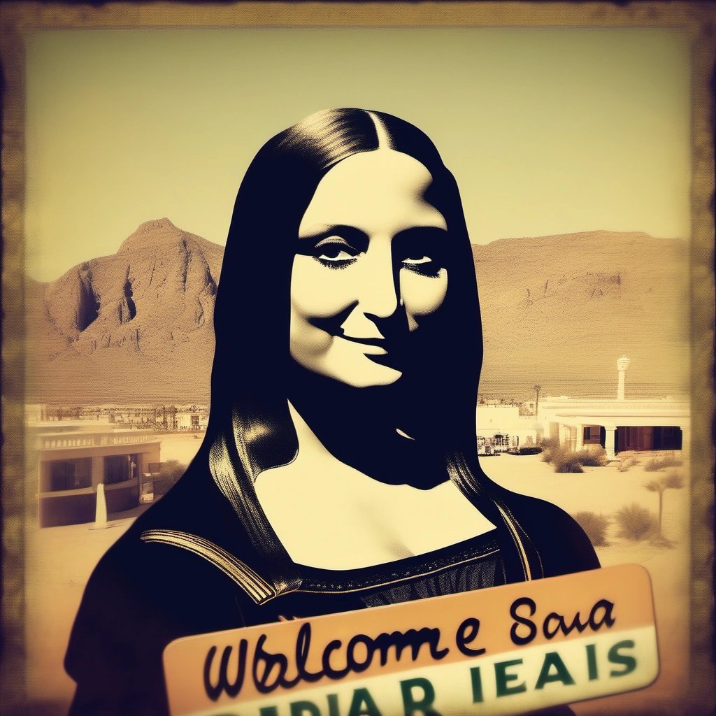 Mona Lisa posing with Vegas welcome sign