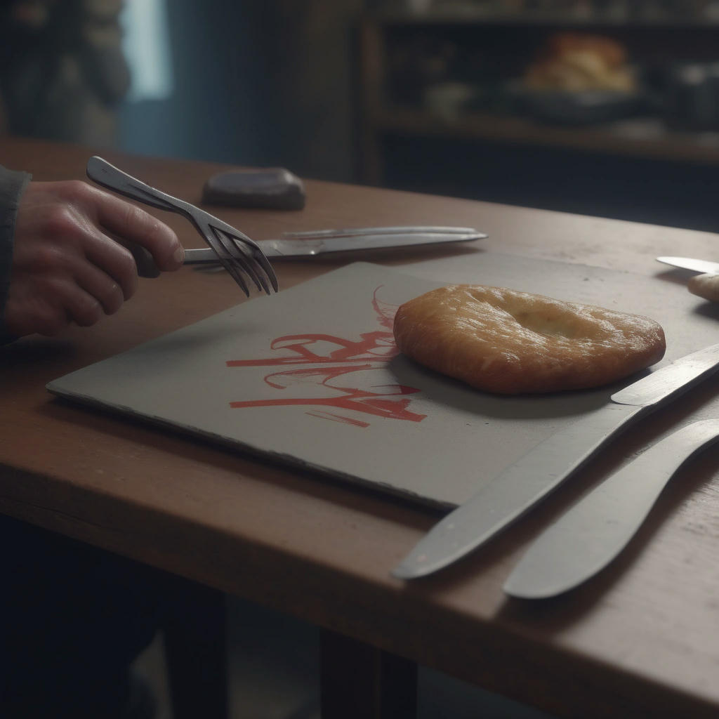 a person signing 'eat' in sign language, with a fork and knife in the background, highly detailed, 4k, cinematic lighting, concept art by Simon Stalenhag and Syd Mead