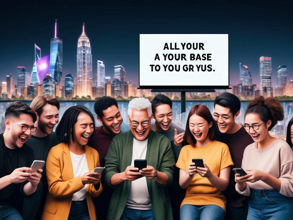 a group of people from different ages and backgrounds laughing and sharing memes on their phones, with a cityscape in the background and a giant screen displaying the phrase All your base are belong to us