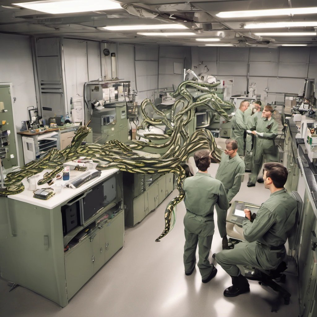 Military laboratory with scientists and snakes