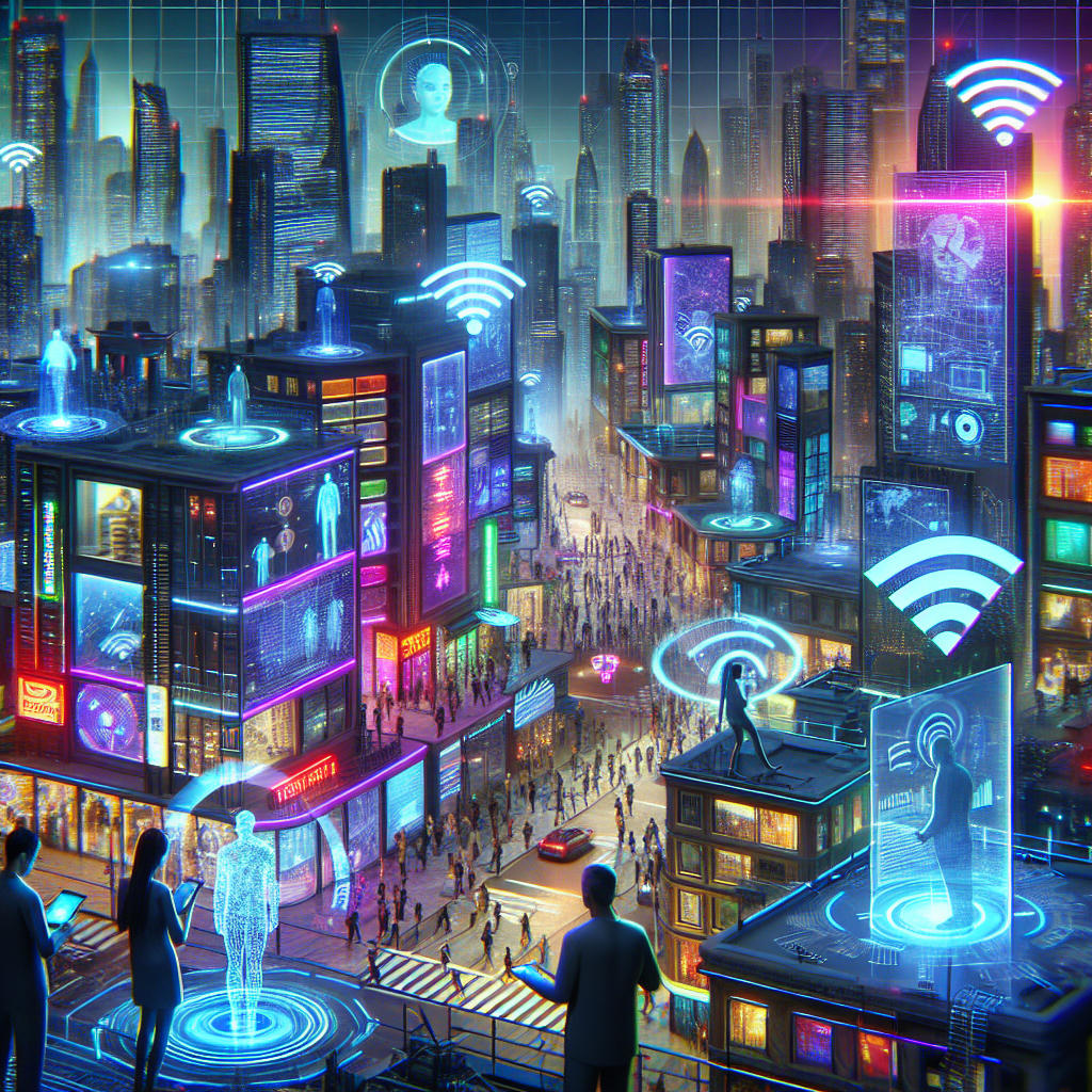 modern city with Wi-Fi signals, people connected through technology, intricate details, high quality, futuristic scene, 8k resolution, vibrant lighting