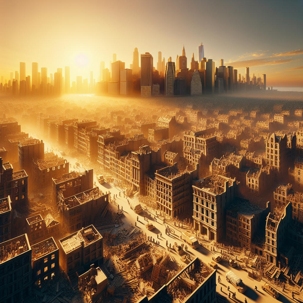 A sunrise over a rebuilt city, symbolizing hope and resilience, people working together to restore what was lost, intricate details, hyper-realistic, 8k resolution