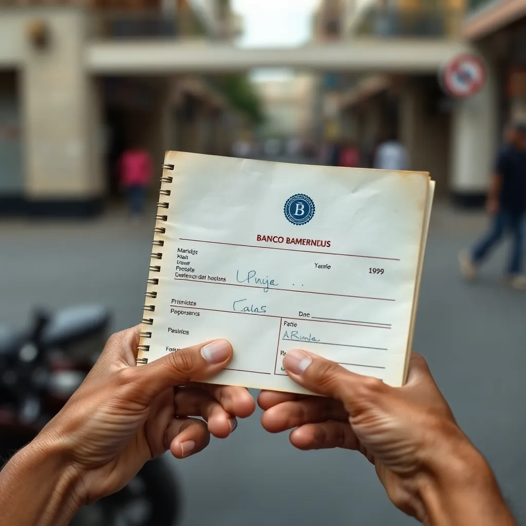 A medium shot of a vintage 1990s bank passbook held by a pair of elderly hands, the ink is fresh, the logo of Banco Bamerindus is clearly visible, the background is a blurred modern street scene.
