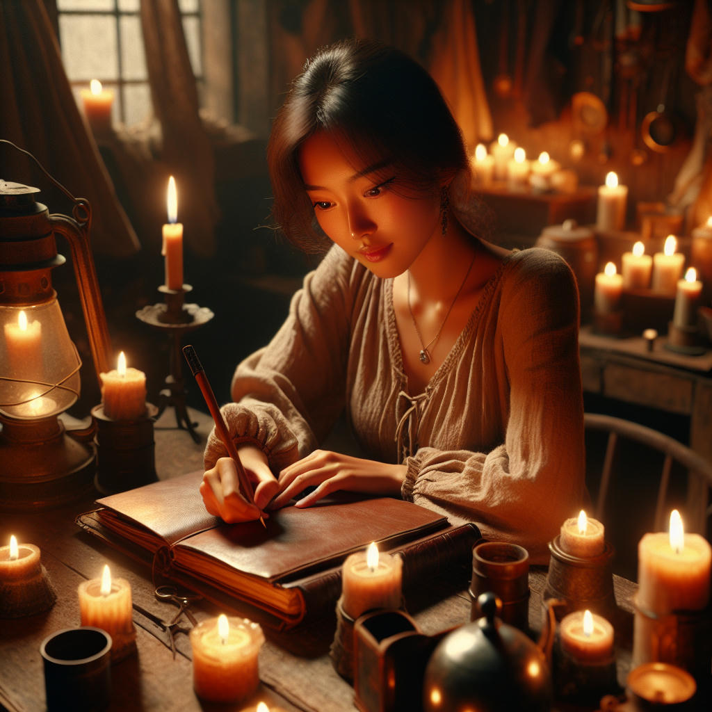 A person sitting at a wooden table, writing in a journal, surrounded by candles and a cozy atmosphere, with a look of contentment and reflection, natural lighting, detailed and realistic, warm and inviting atmosphere