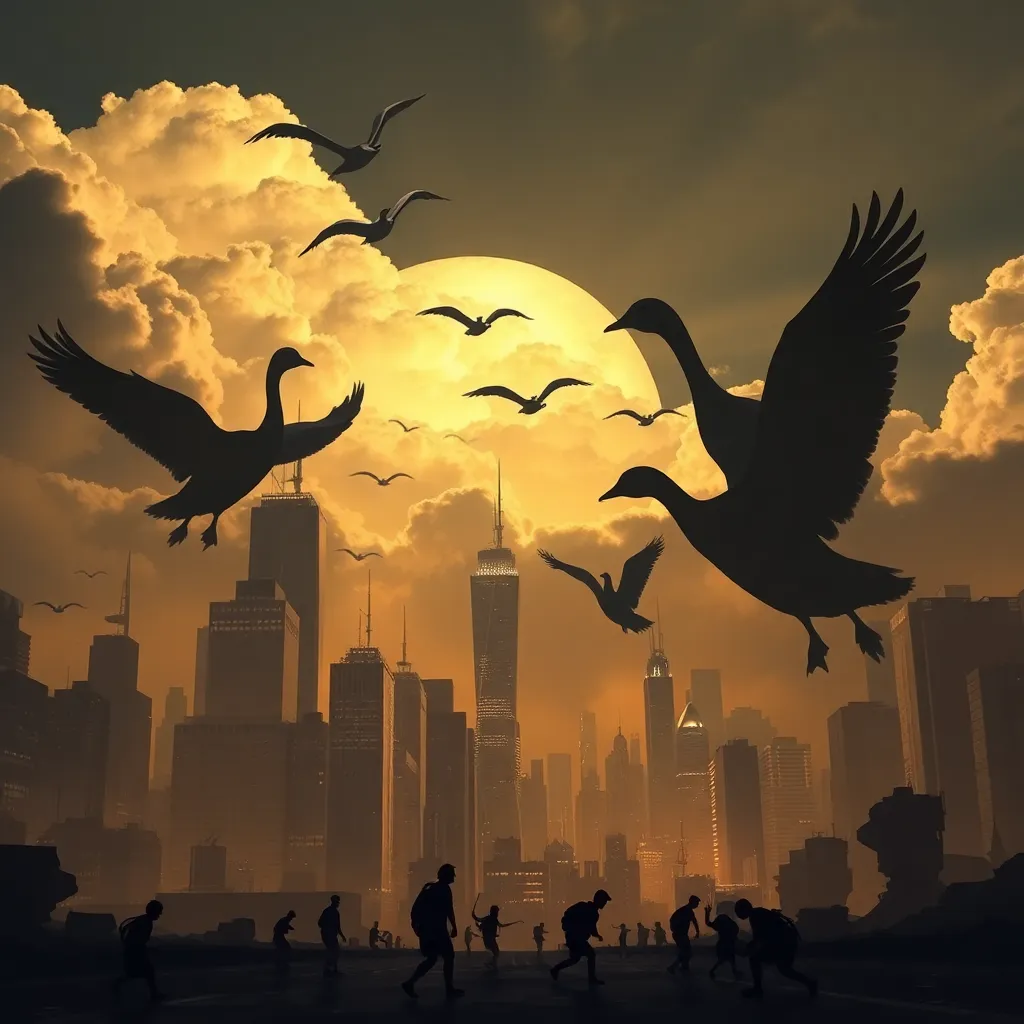 A futuristic dystopian city skyline where giant geese silhouettes are projected onto the clouds, while tiny humans scurry below in fear.