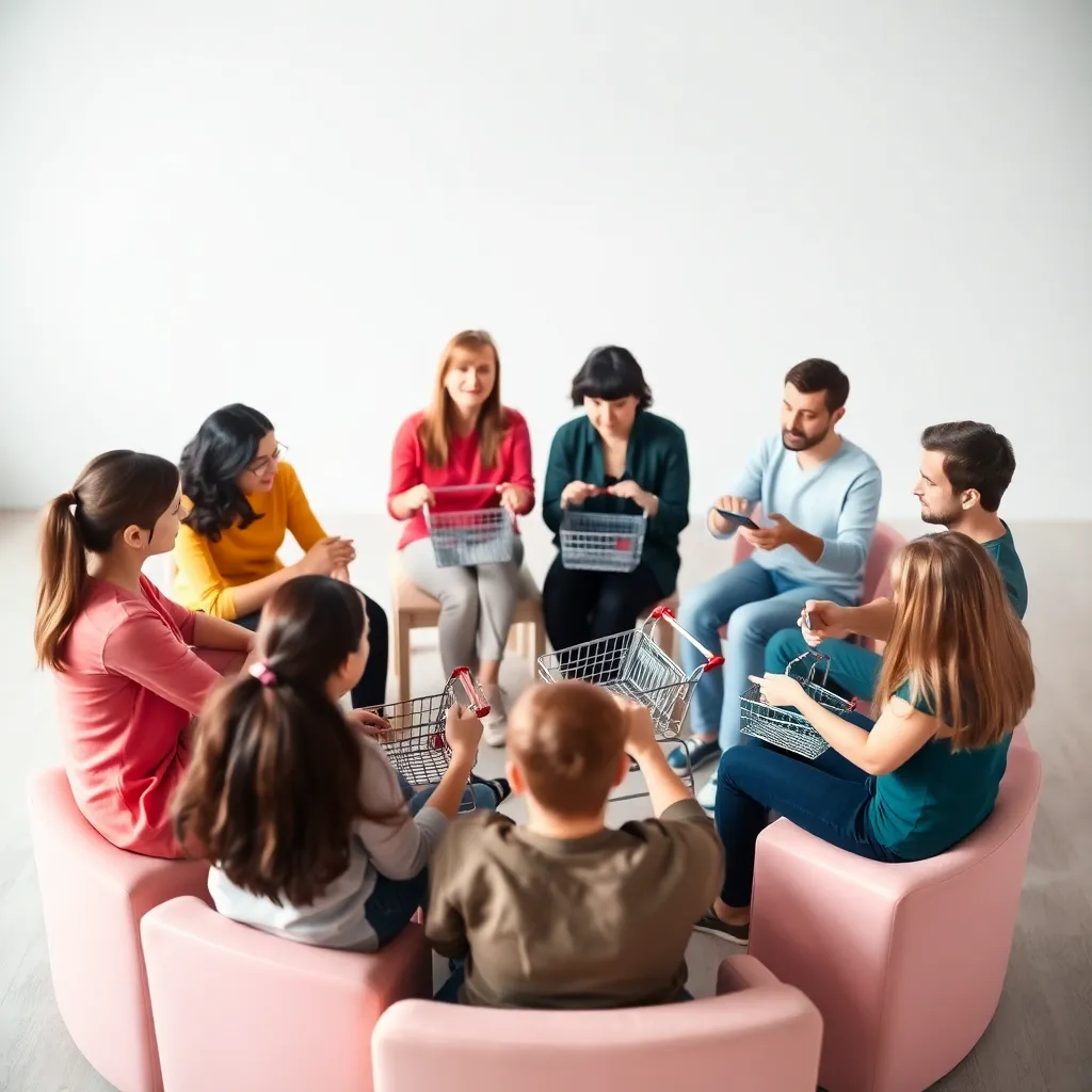 group therapy session with people sitting in a circle, each holding a miniature shopping cart