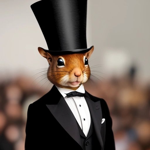 Squirrel on a runway wearing a top hat and monocle
