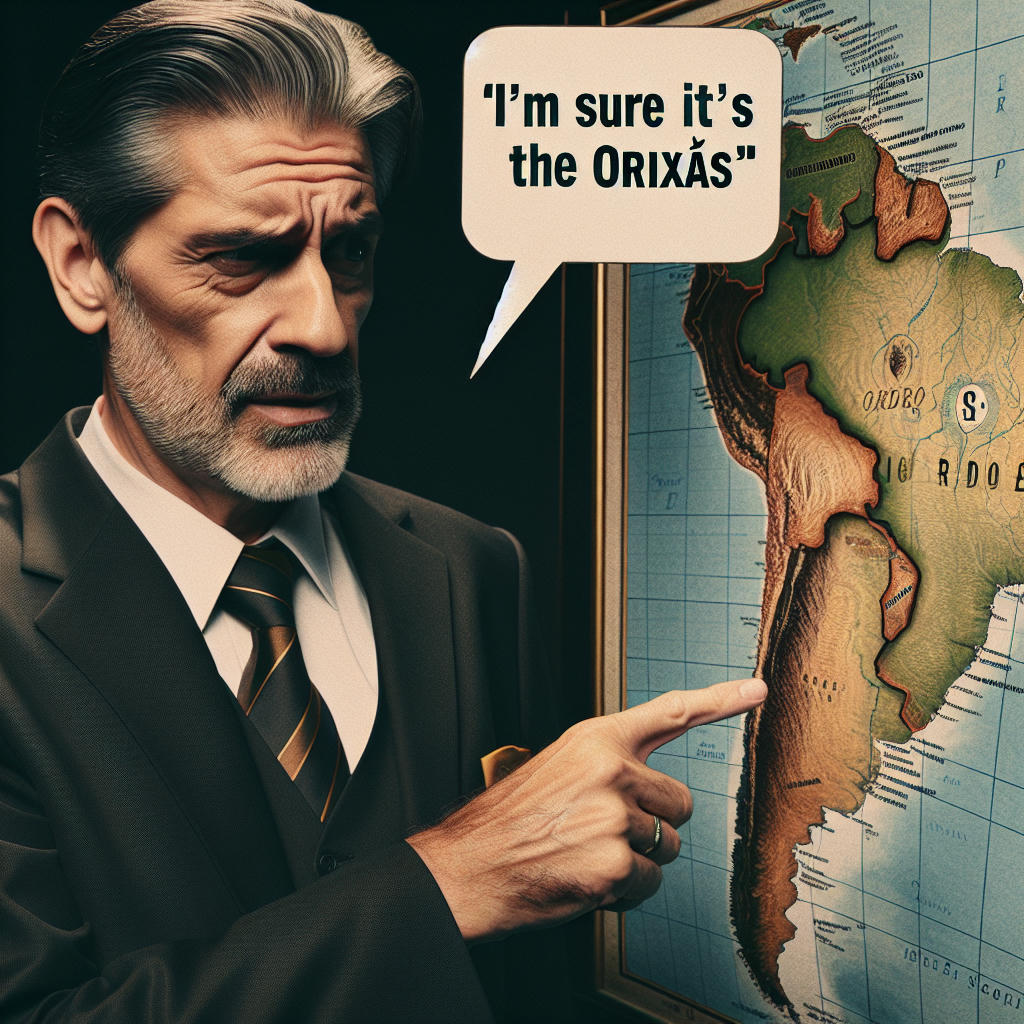 a photo of a politician pointing to a map of Rio Grande do Sul, with a puzzled expression, and a speech bubble saying 'I'm sure it's the orixás', hyper realistic, high quality, detailed, sharp focus, dramatic lighting