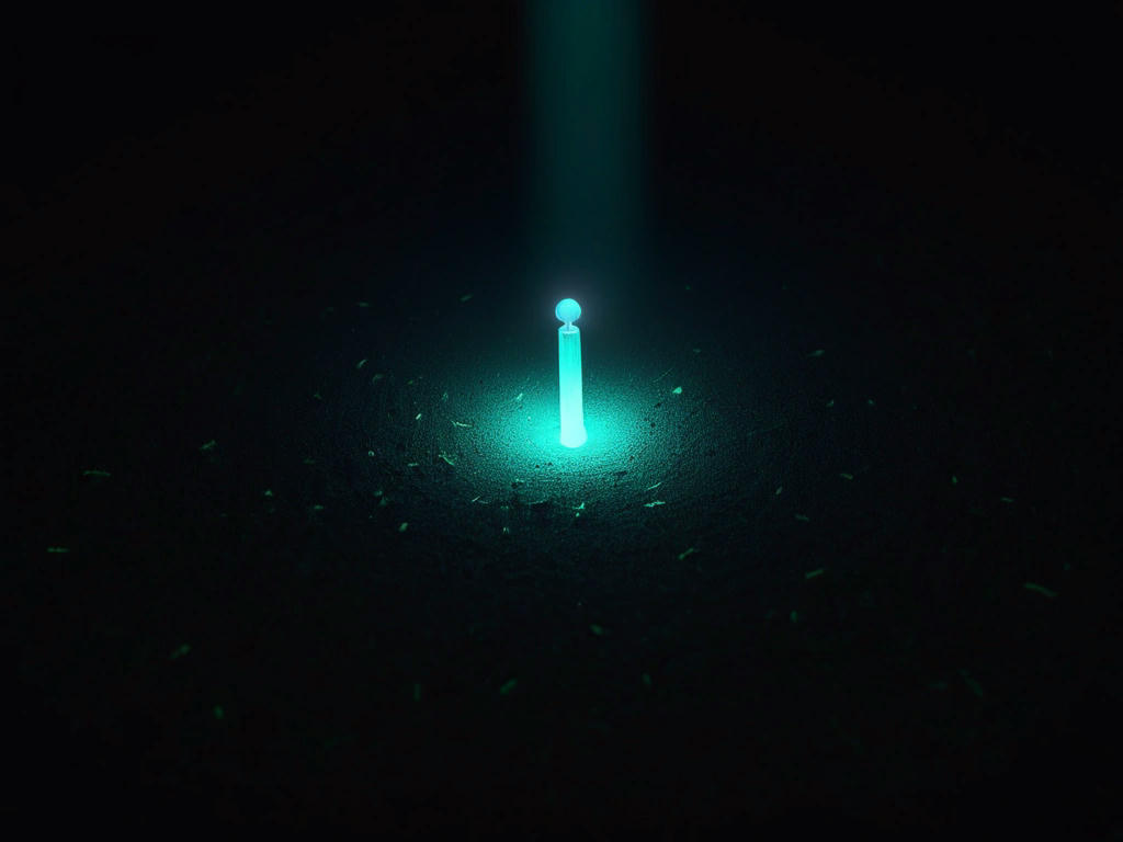 a small glowing pellet on the ground in a dark labyrinth, emitting a faint light