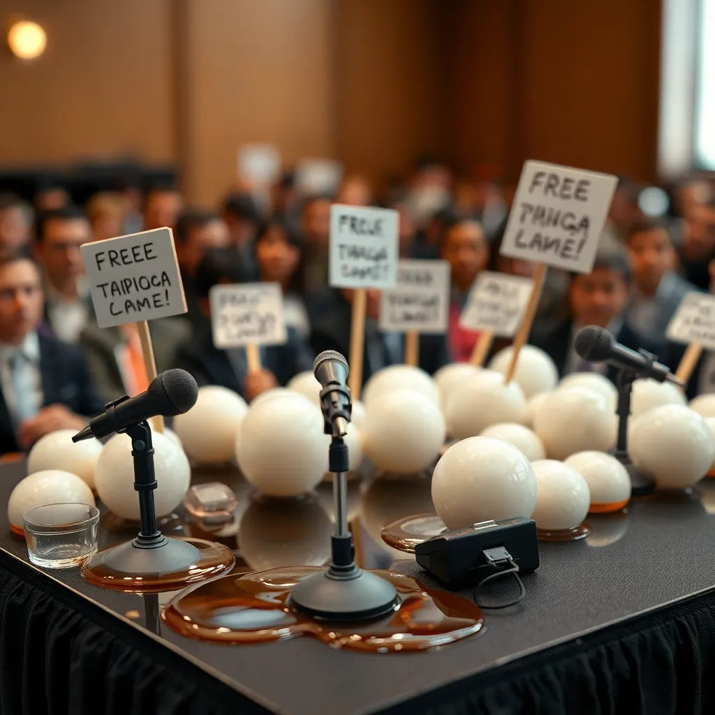 close-up of glossy tapioca pearls forming a miniature protest on a conference stage, tiny handmade signs, puddles of brown sugar syrup, microphones and translator device, shocked audience in the blurred background, whimsical photorealism