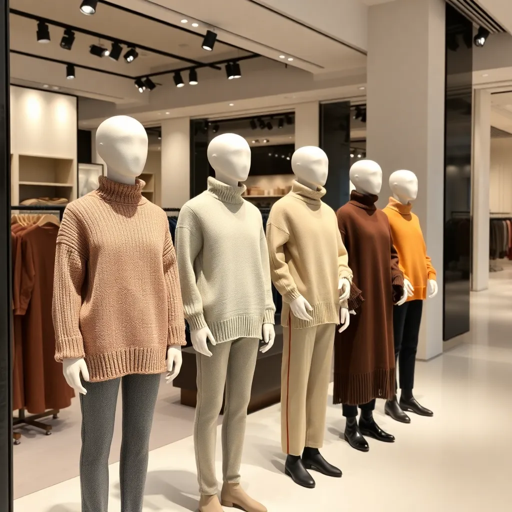 A retail display in a high-end department store showing a row of faceless fabric figures dressed in sensible autumnal knitwear, standing in a neutral-toned showroom. Professional retail lighting.