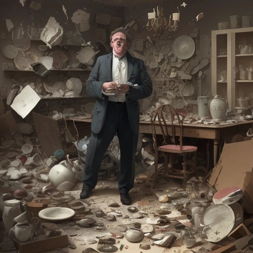 Mr. Fumblefingers surrounded by broken objects