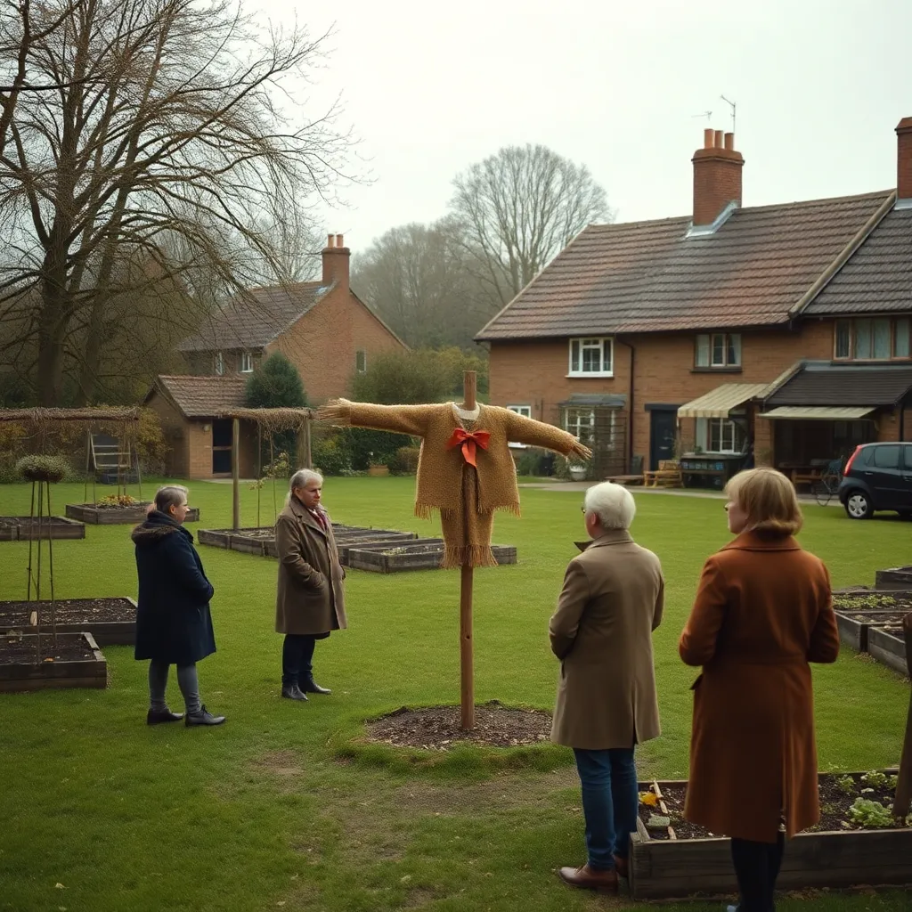 small English village green at morning, villagers gathered in coats discussing a missing scarecrow, allotments nearby, suspiciously empty post where a scarecrow once stood, muted natural colors, documentary-style realism with whimsical tension