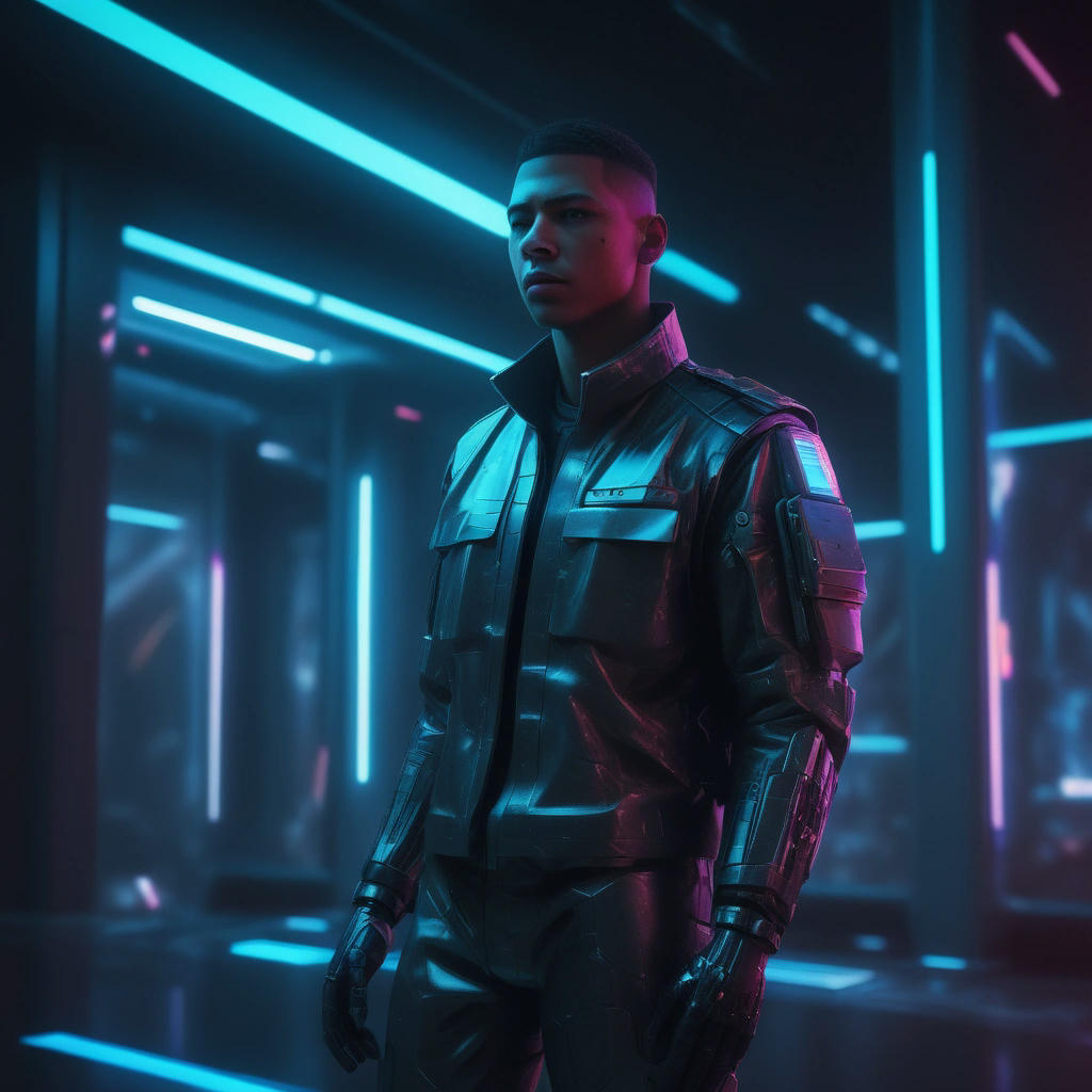 A futuristic, high-tech illustration of a soldier in a sci-fi setting, with a sleek, metallic environment, neon lights, and a holographic display, cyberpunk, dystopian, detailed, and atmospheric