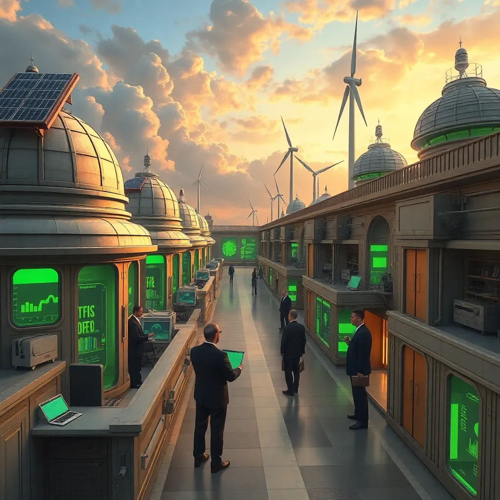 futuristic renewable energy complex mixed with absurd government architecture, solar panels on domes, wind turbines in office corridors, officials in suits examining glowing green charts, dramatic sky, highly detailed imaginative realism