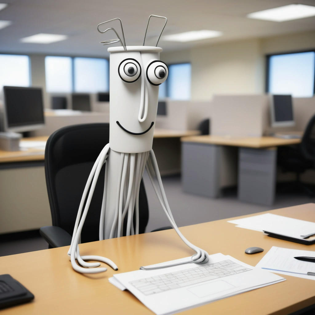 Artist's rendition of Clippy's transformation from an enthusiastic assistant to a mere piece of wire.