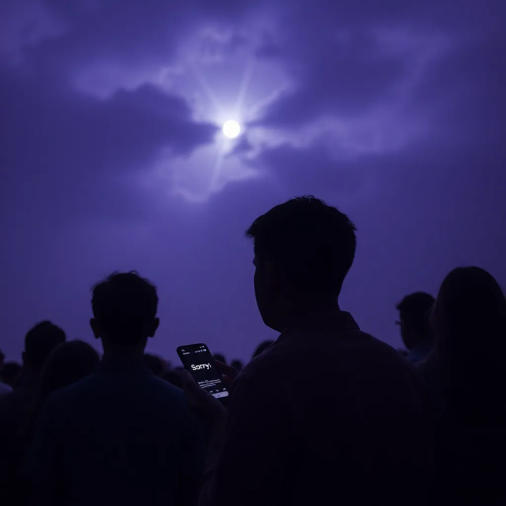 confused crowd looking at darkened noon sky, one person checking phone with 'sorry' email visible, surreal purple-black atmosphere