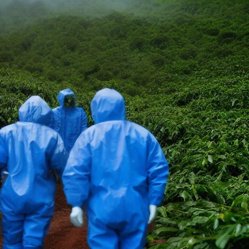 Hazmat suits picking coffee beans