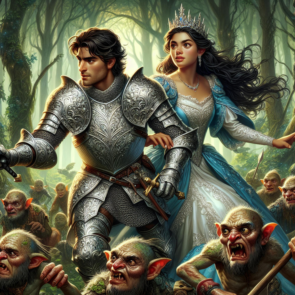 a knight in shining armor and a princess in a royal gown, riding through an enchanted forest, battling goblins, high quality, extremely detailed, fantasy art, action-packed, magical atmosphere