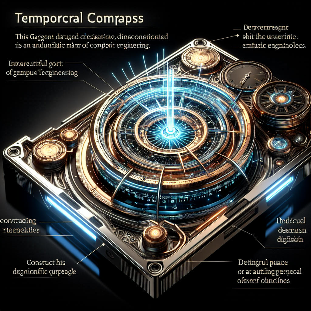 A futuristic device known as the Temporal Compass, intricate and detailed, glowing with energy, high quality, photorealistic