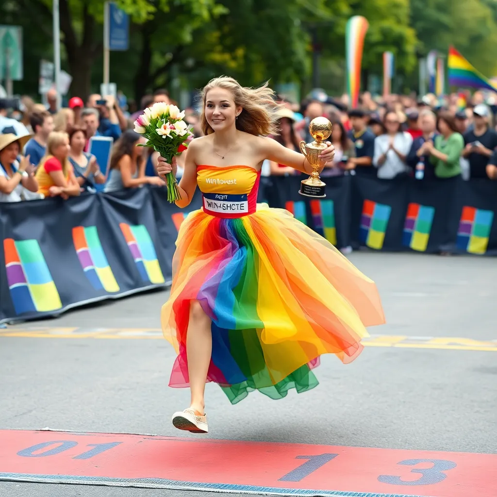 A femboy sprinting in a flowing rainbow gown past a finish line made of broken Windows logos, holding a bouquet of tulips and a 'sudo apt-get install victory' trophy, cheering crowd of trans girls and gay guys in the background